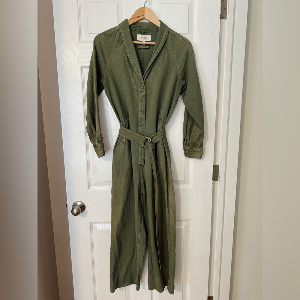 The Great. Herringbone Roundtop Jumpsuit in Army